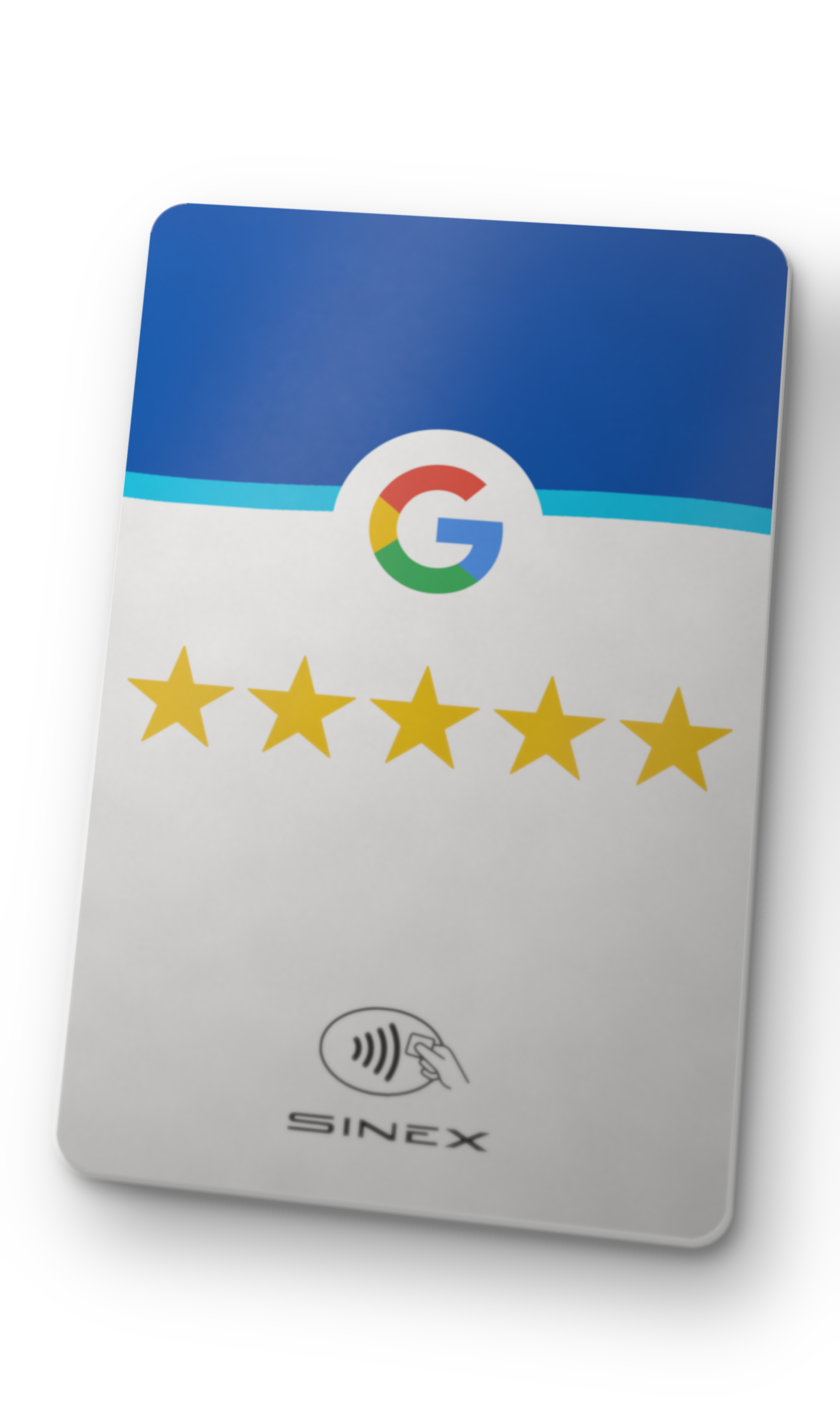 Cartão Sinex azul e branco com logo do Google, cinco estrelas e símbolo de aproximação